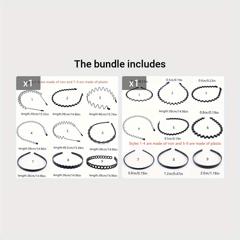 Set of 9 Black Metal Wave Hair Bands Unisex Sports and Daily Wear