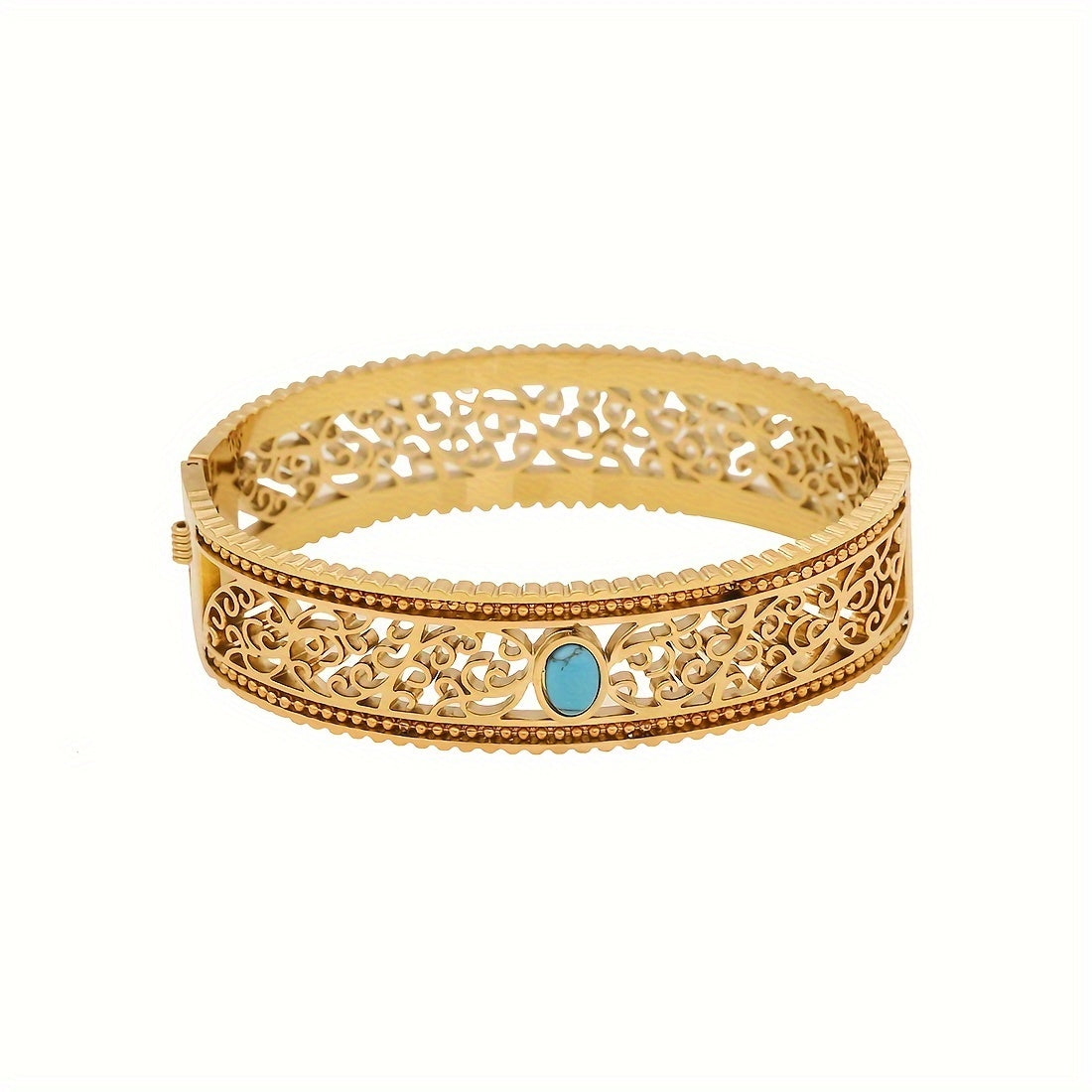 Women's Vintage Style 18K Gold Plated Stainless Steel Bracelet with Turquoise Inlay and Hollow Pattern