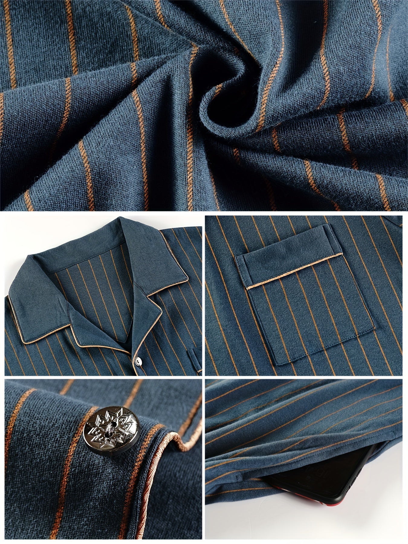 Conjunto de pijama de algodón a rayas azul marino para hombre con cuello de solapa, mangas cortas y pantalones