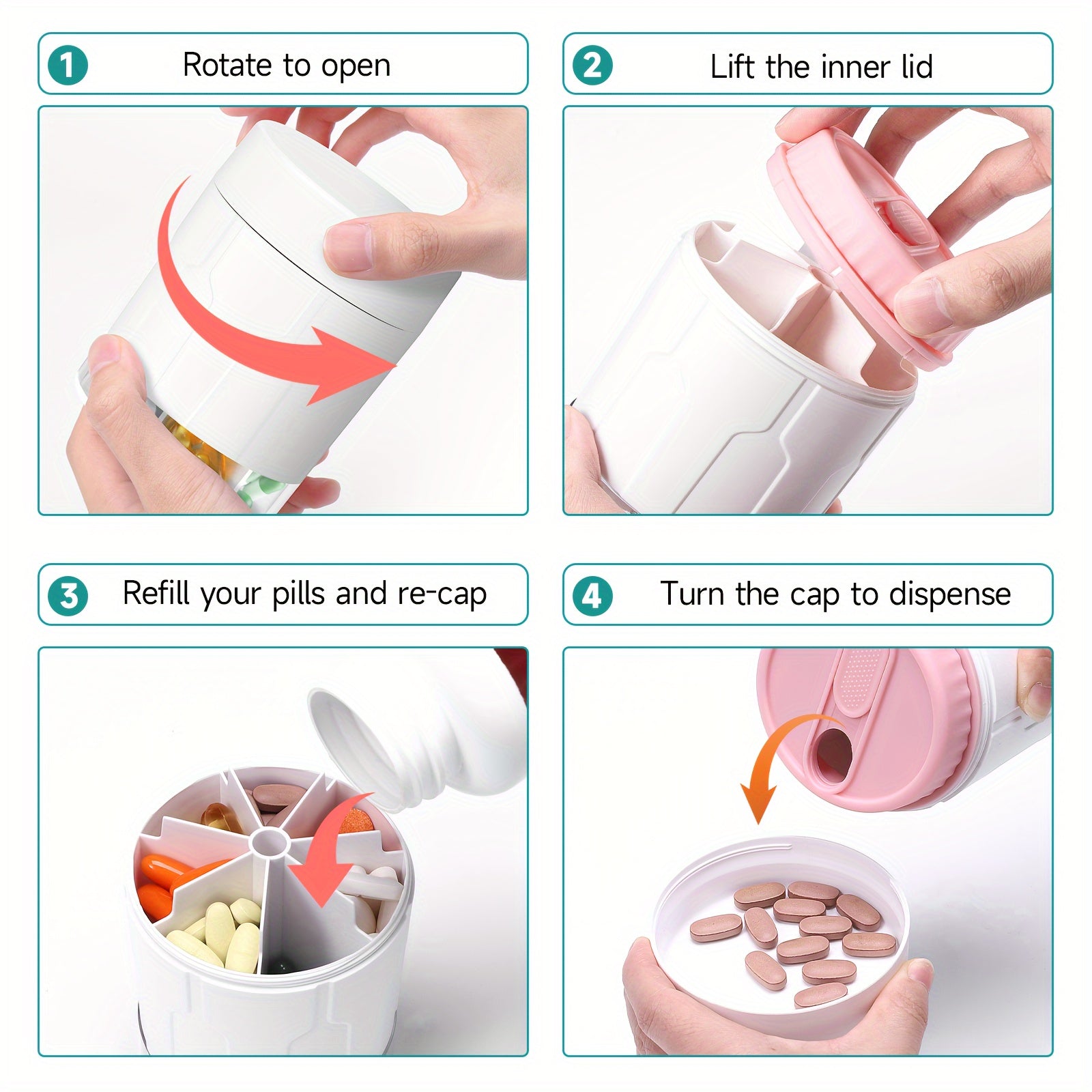 Large Pill Organizer Dispenser for Adults with 7 Compartments Travel Medication Box