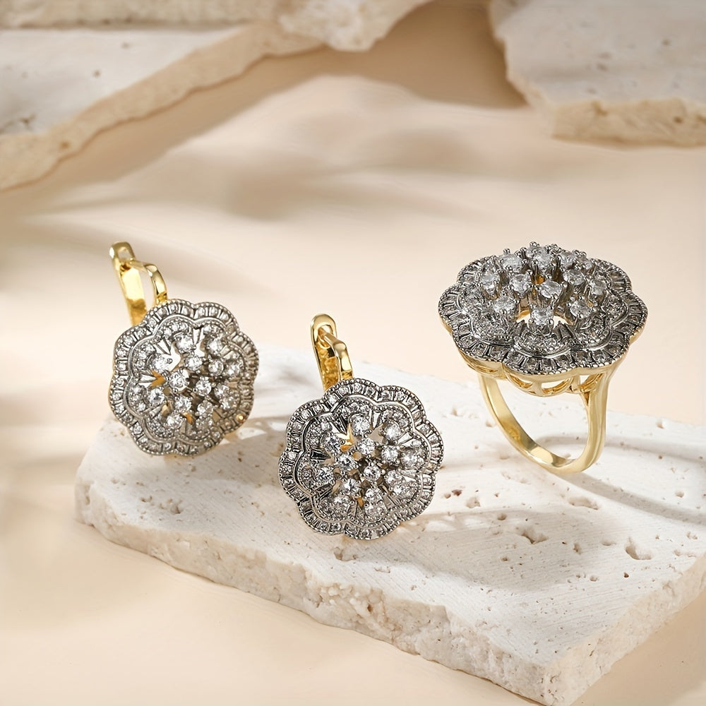 Copper Flower Earrings and Ring Set with Cubic Zirconia, Gold-Plated Jewelry for Women