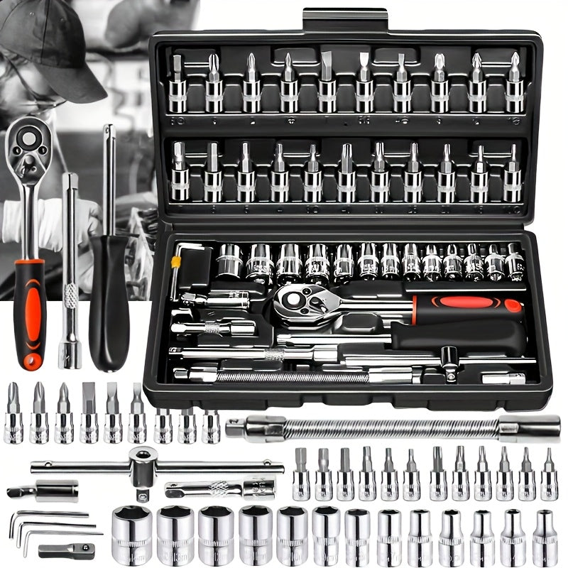 46pcs Car Repair Tool Set – Durable Portable Maintenance Kit with Ratchet Wrench