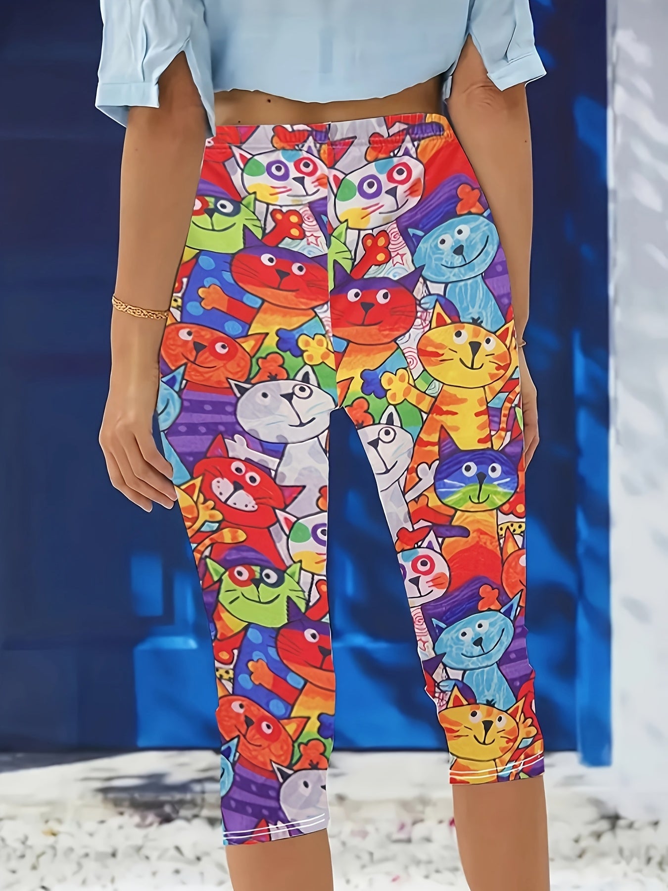 Women's Plus Size Colorful Cartoon Cat Print Capri Leggings Stretchy Mid-Calf Spring Summer Fall