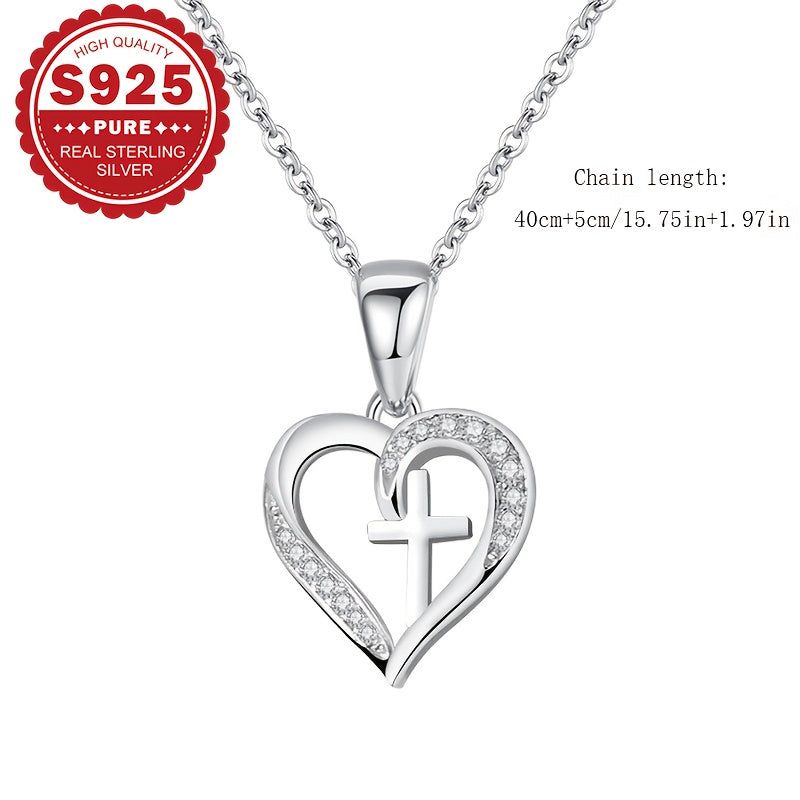 Sterling Silver Heart Cross Pendant Necklace with Synthetic Zirconia for Women