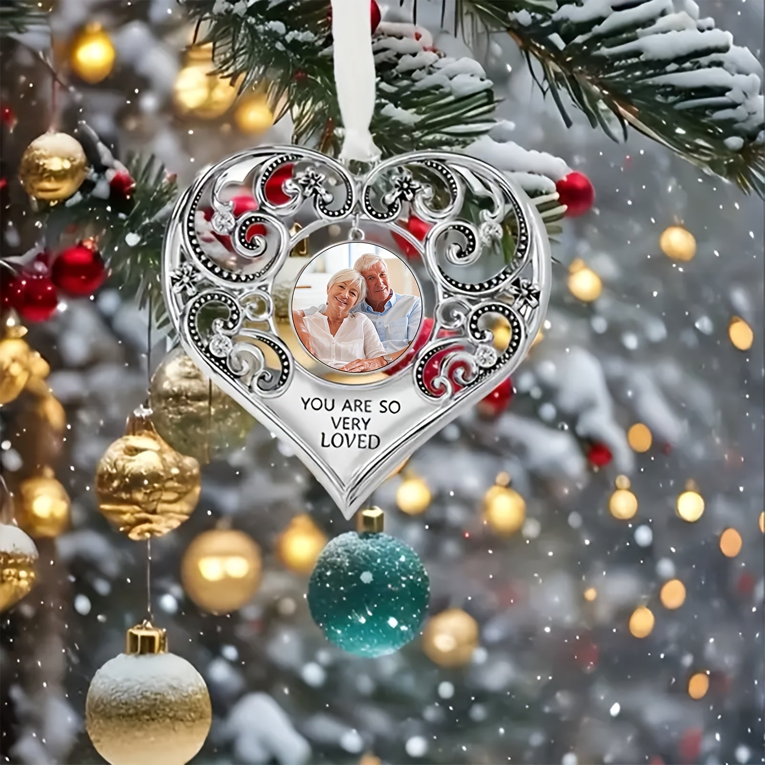 Stainless Steel Heart-Shaped Christmas Ornament with Custom Photo and Angel Wings