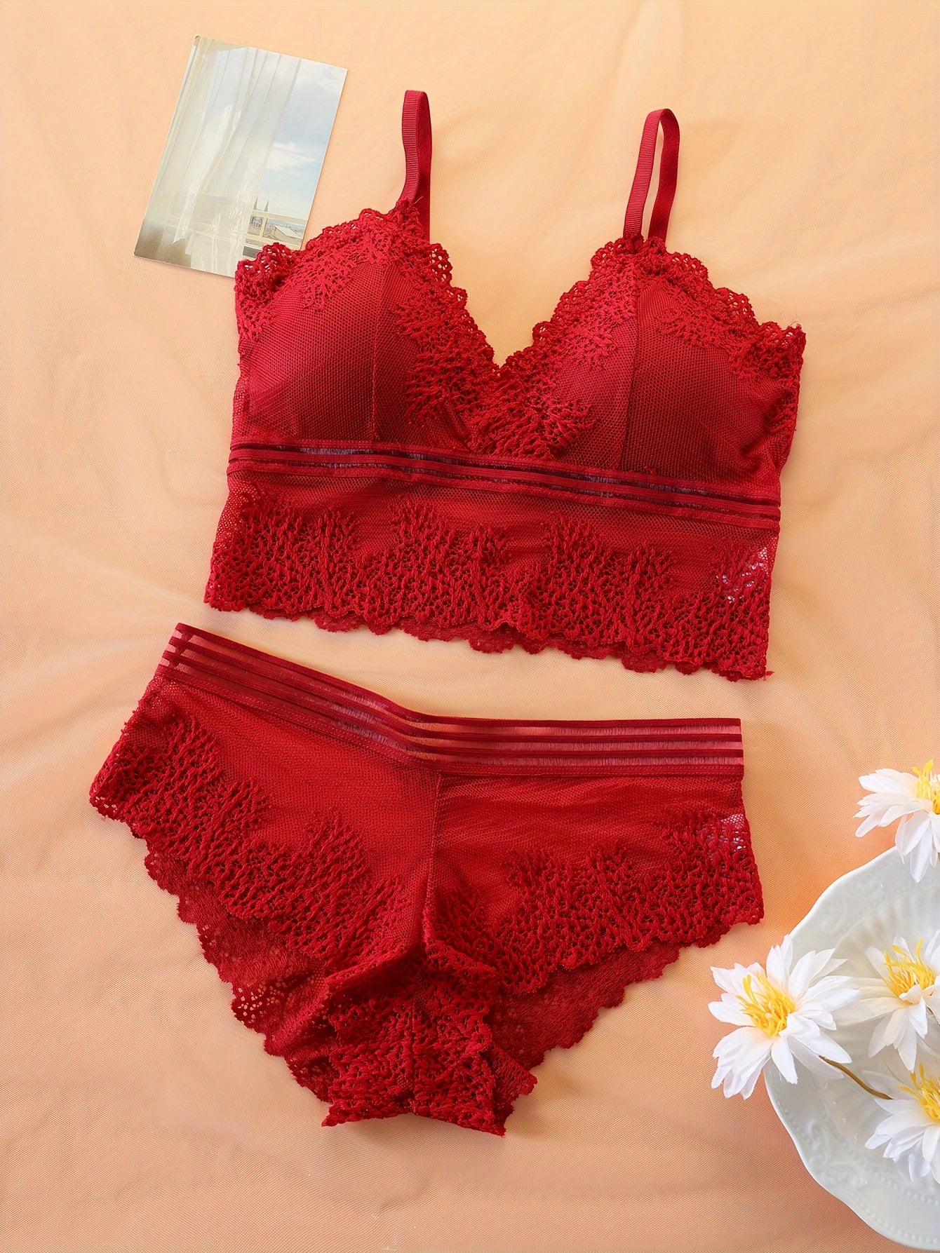 Women's Lace Push Up Bra and Mesh Panties Set with 3 Pieces