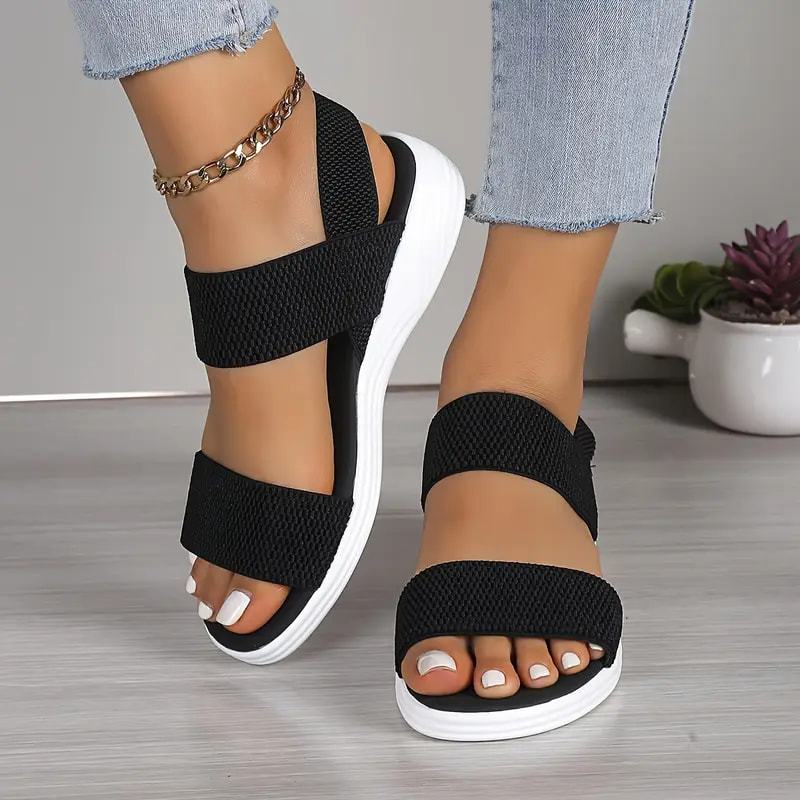 Women's Black Open-Toe Slide Sandals with White Sole Casual Summer Footwear