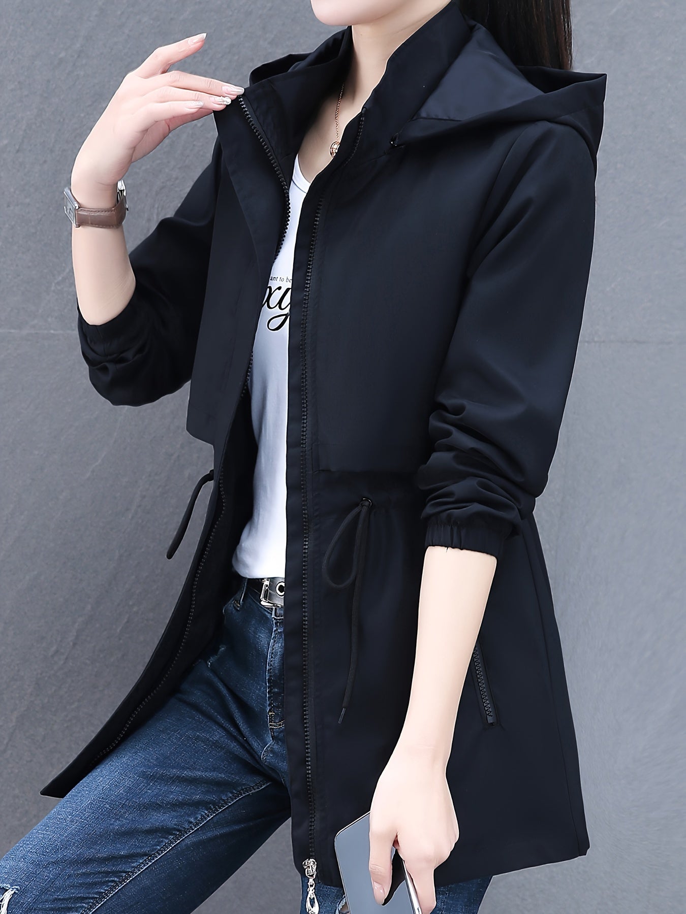 Chaqueta casual ligera con capucha de poliéster de talla grande para mujer para primavera y otoño