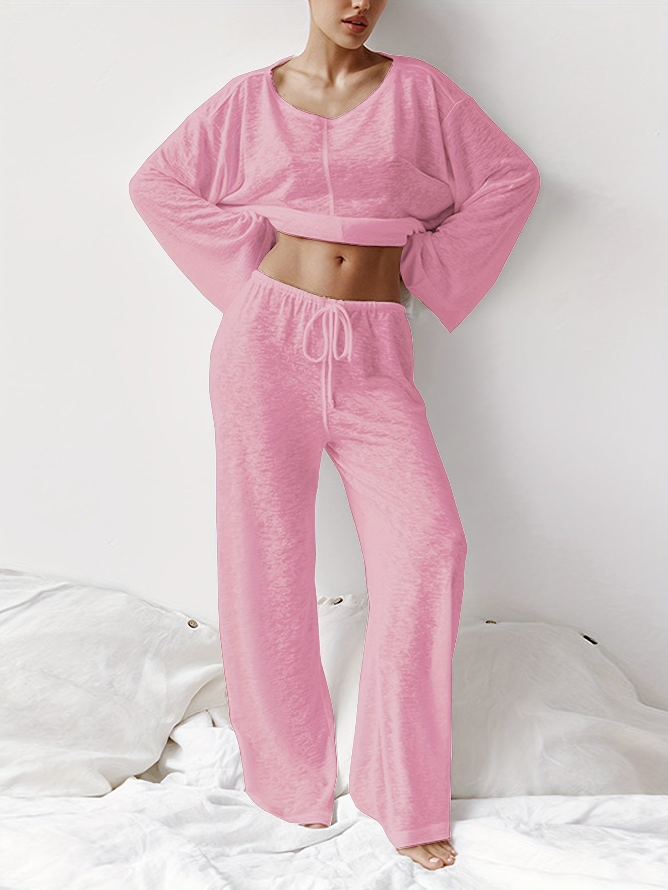 Women's Micro-Transparent Knit Loungewear Set with Long Sleeve Top and Trousers