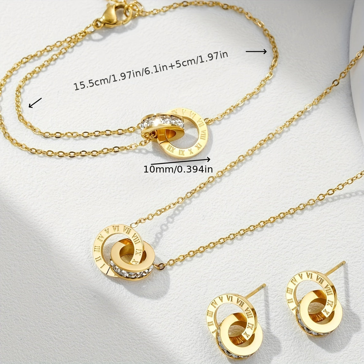 Set of 4 Stainless Steel Roman Numeral Jewelry with Faux Diamonds for Men