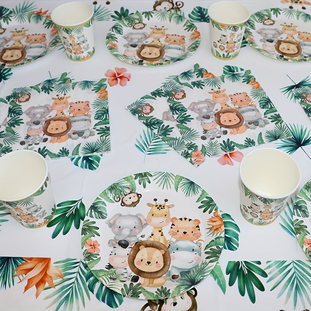 Juego de vajilla con tema de animales de la jungla, 106 piezas: platos, tazas, pañuelos, pajitas y mantel
