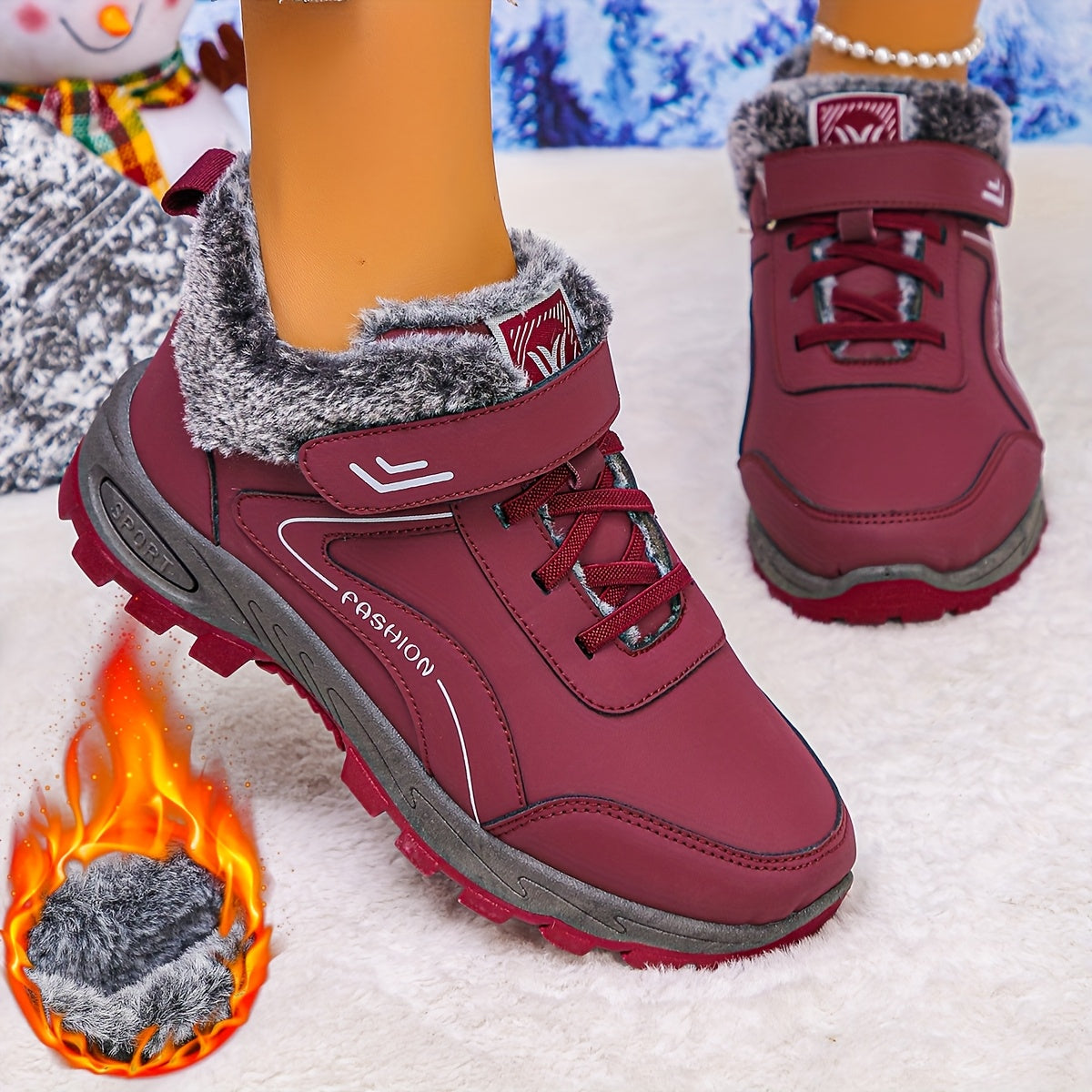 Women's Winter Ankle Boots Synthetic Leather Black Red Slip-On Lace-Up Boots