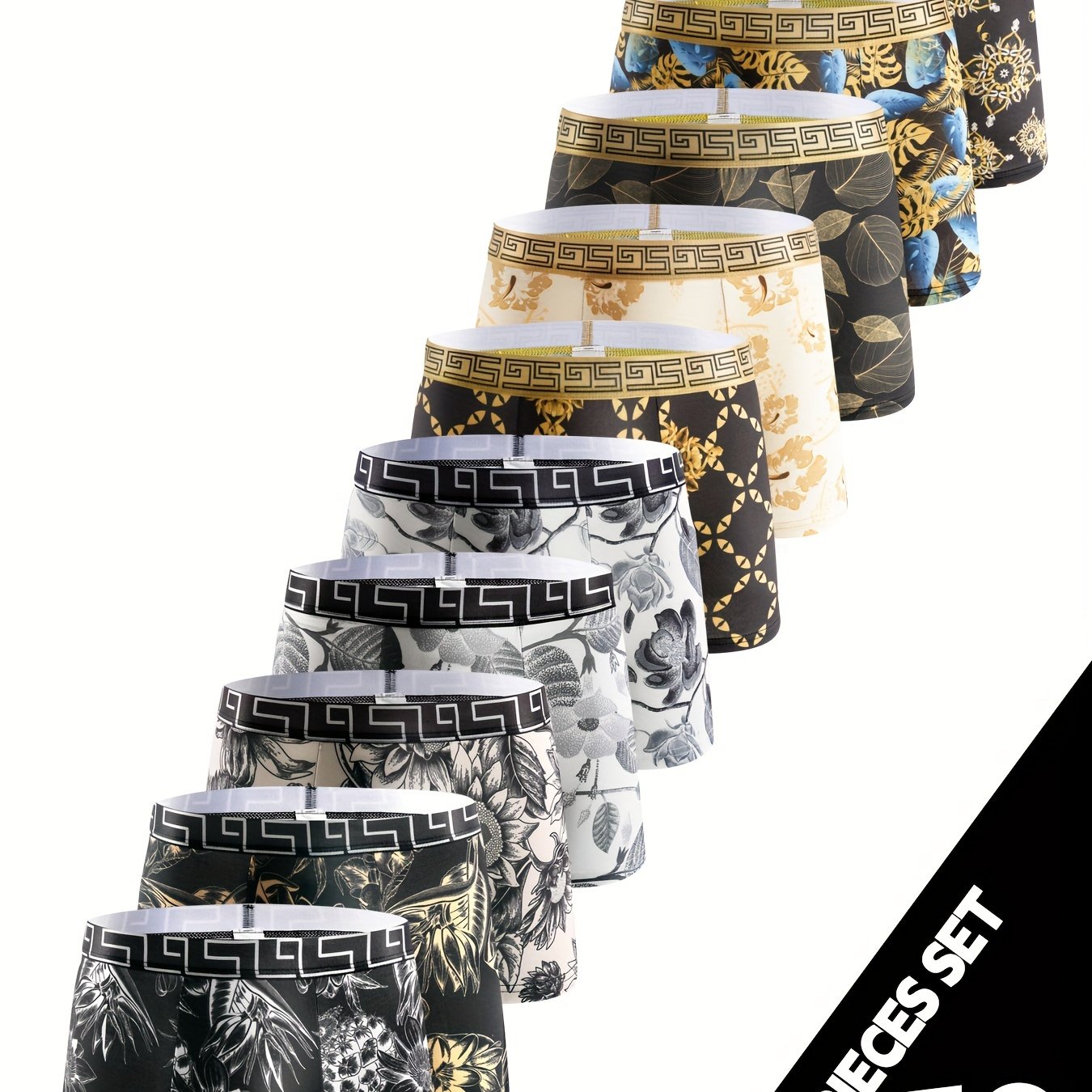 Set of 10 Geometric Pattern Boxer Briefs for Men Polyester Elastane Medium Stretch