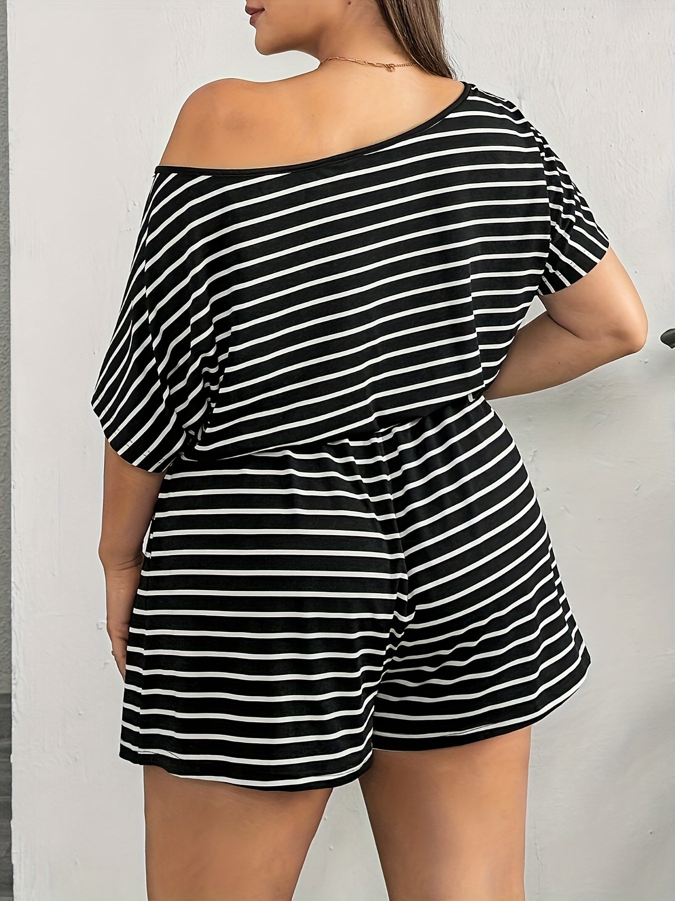 Plus Size Women's Striped Off-Shoulder Jumpsuit with Short Sleeves
