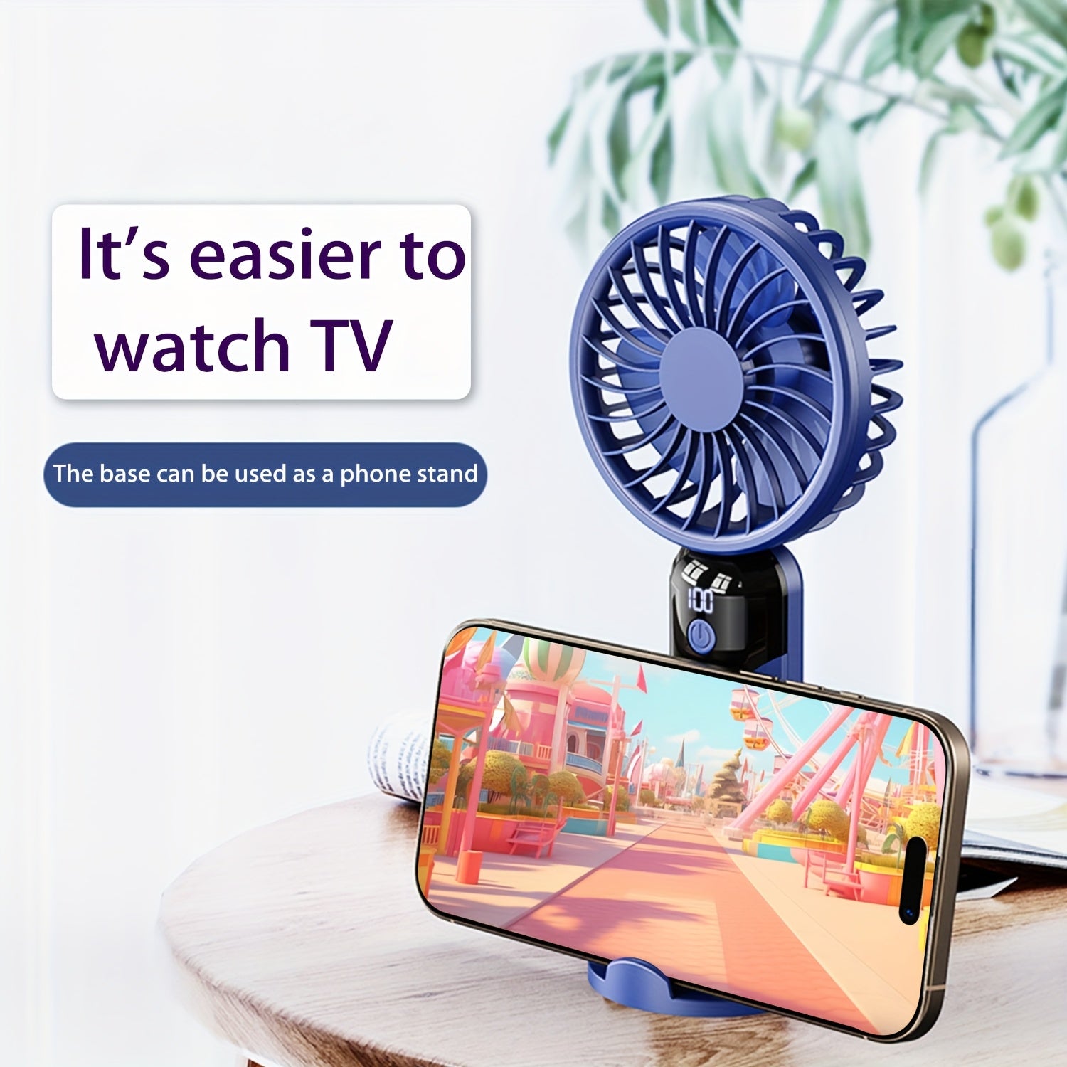 Handheld Fan with LED Display, 6 Speed Settings, Rechargeable Battery, Stable Base Stand for Phone Binge-Watching
