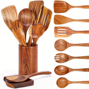 9-Piece Wooden Cooking Utensil Set for Non-Stick Pans Includes Spoon Fork Salad Spoon