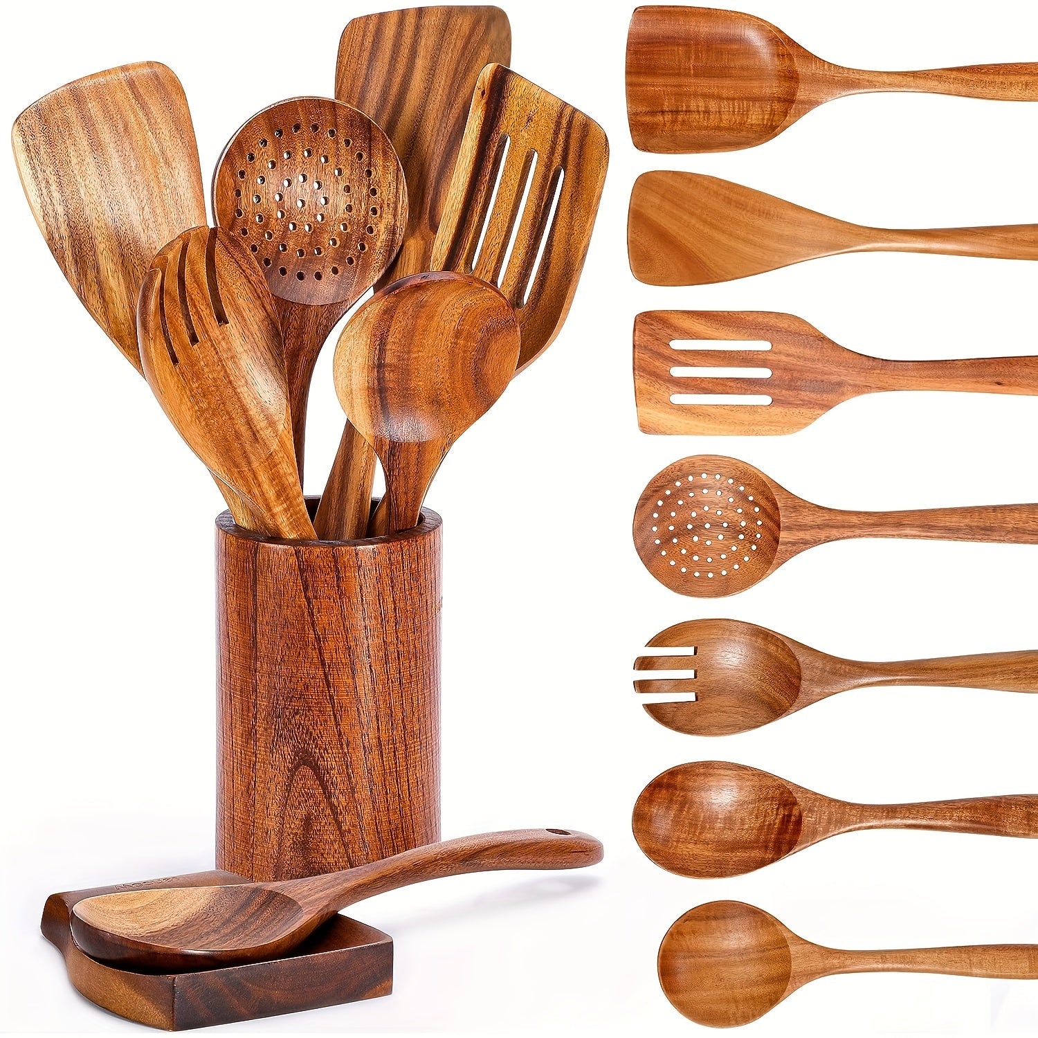 9-Piece Wooden Cooking Utensil Set for Non-Stick Pans Includes Spoon Fork Salad Spoon