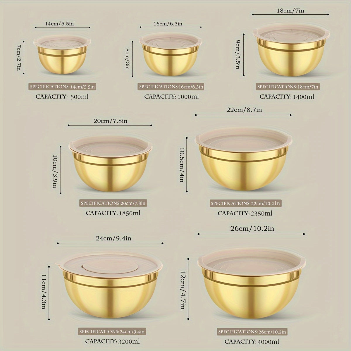 Stainless Steel Mixing Bowl Set with Lids, Gold, Various Sizes, Dishwasher Safe