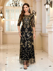 Women's Sequin Beaded Floral Formal Dress Black and Gold for Wedding and Party