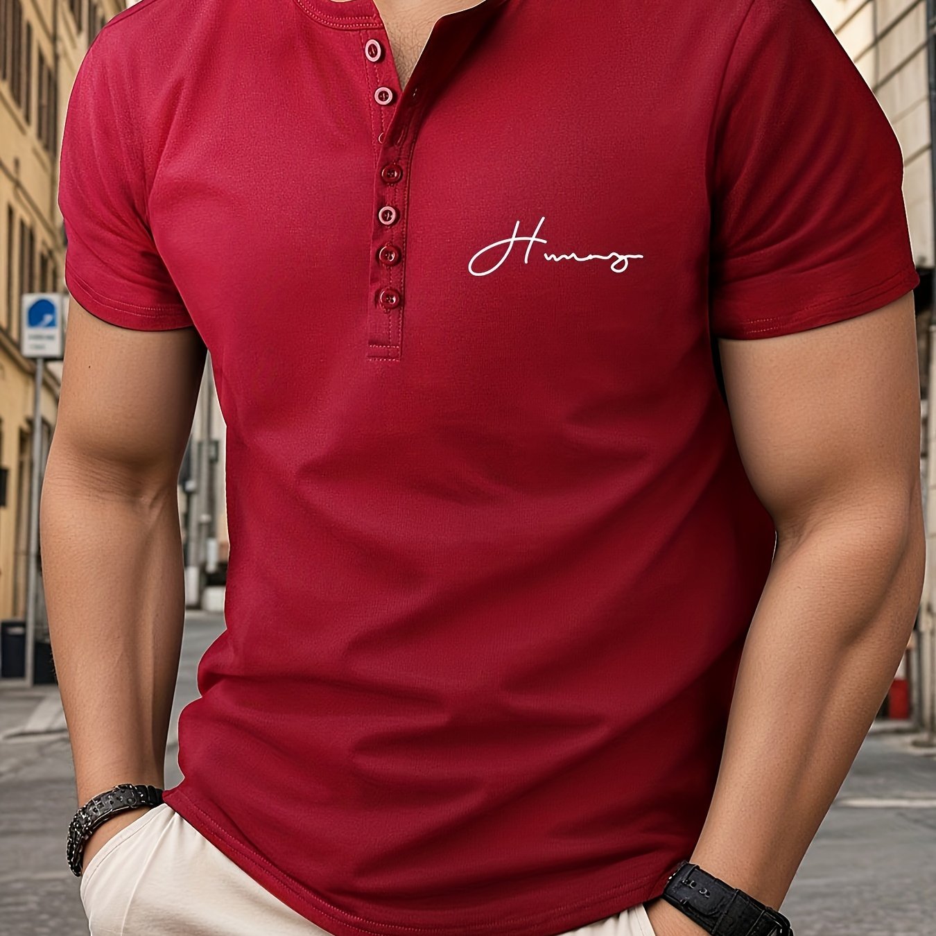 Camiseta Henley de cuello en V atlética para hombre, manga corta, con letras, verano, fitness, casual