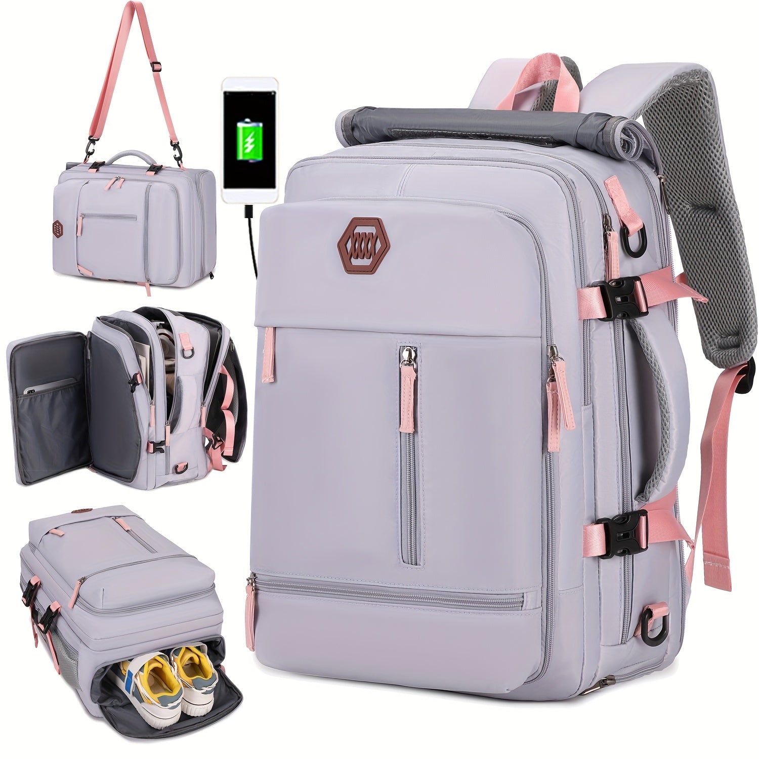 Large Polyester Backpack with Shoe Compartment USB Port and 17-Inch Laptop Storage