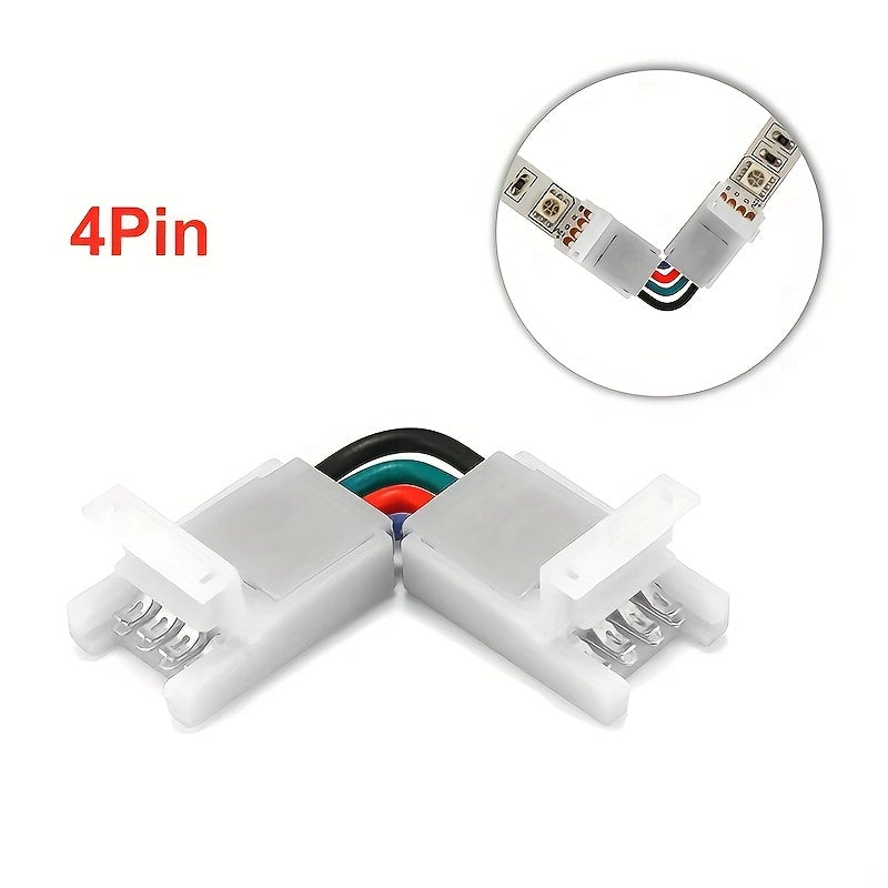 2/3/4-pin LED lentalar uchun burchakni sozlash mumkin bo'lgan L shaklidagi ulanishlar, 8/10mm kenglikdagi 5050 RGB lentalariga mos keladi. Klipga ulanish, payvandlash talab qilinmaydi.