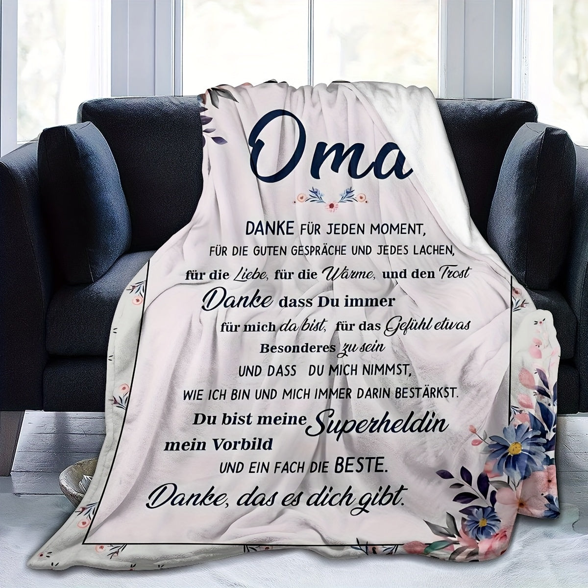 Personalized Oma Floral Blanket for Grandmother Knit Polyester All-Season Stain-Resistant Gift