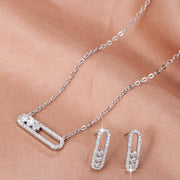 Sparkling Zirconia Jewelry Set Pendant Necklace and Dangle Earrings Paperclip Design for Valentine's Day