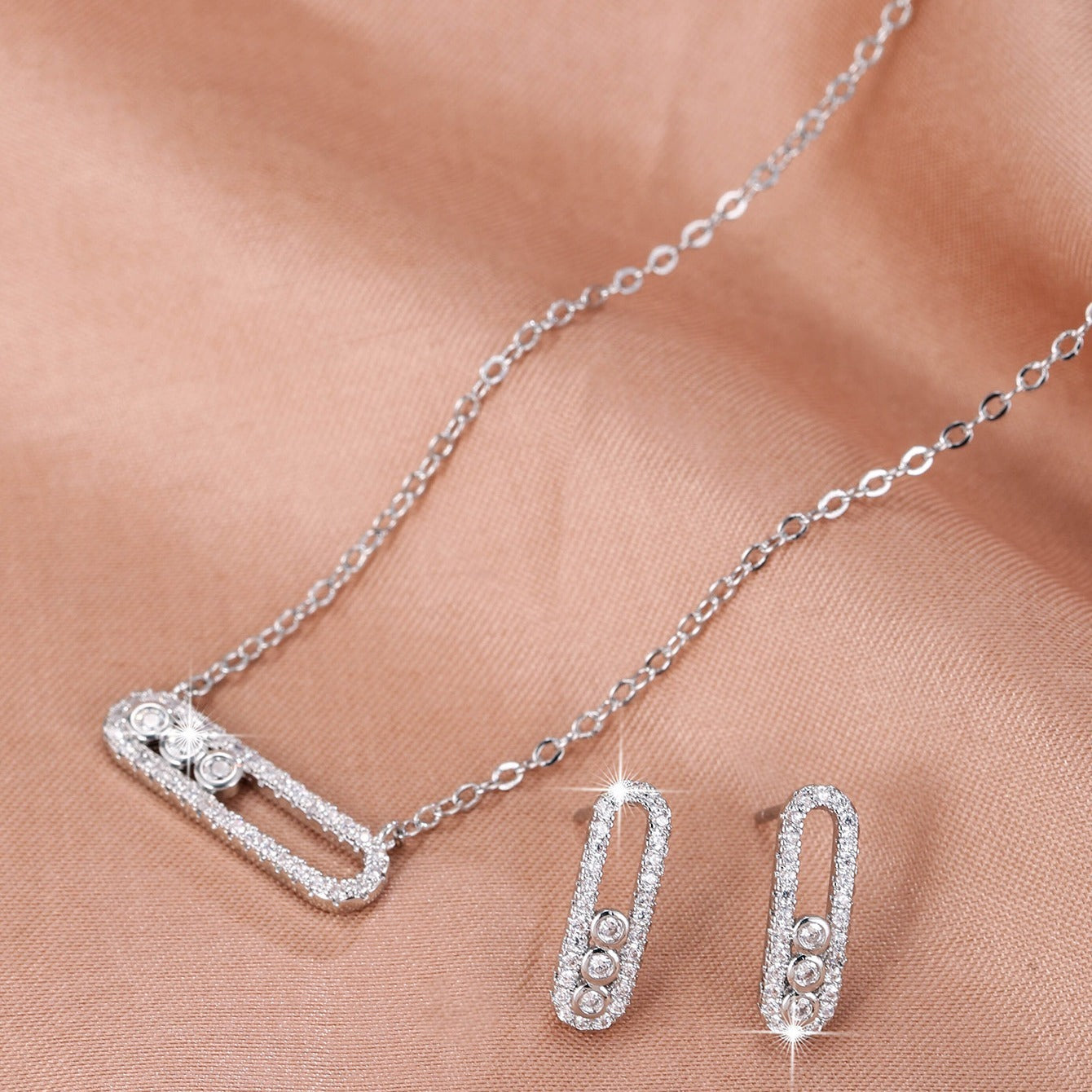 Sparkling Zirconia Jewelry Set Pendant Necklace and Dangle Earrings Paperclip Design for Valentine's Day