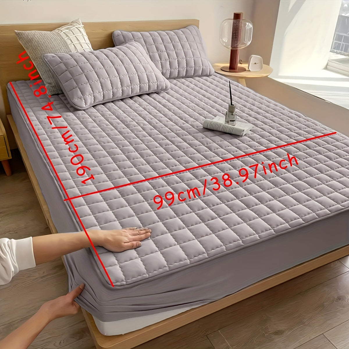 Light Gray Quilted Waterproof Fitted Sheet Breathable Polyester Deep Pockets Easy Care