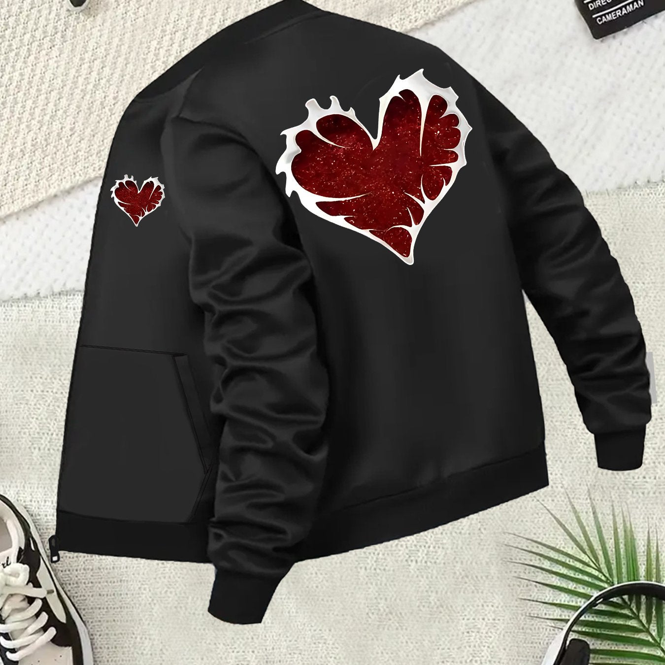 Plus Size Women's Casual Baseball Collar Jacket with Glitter Heart Black Red