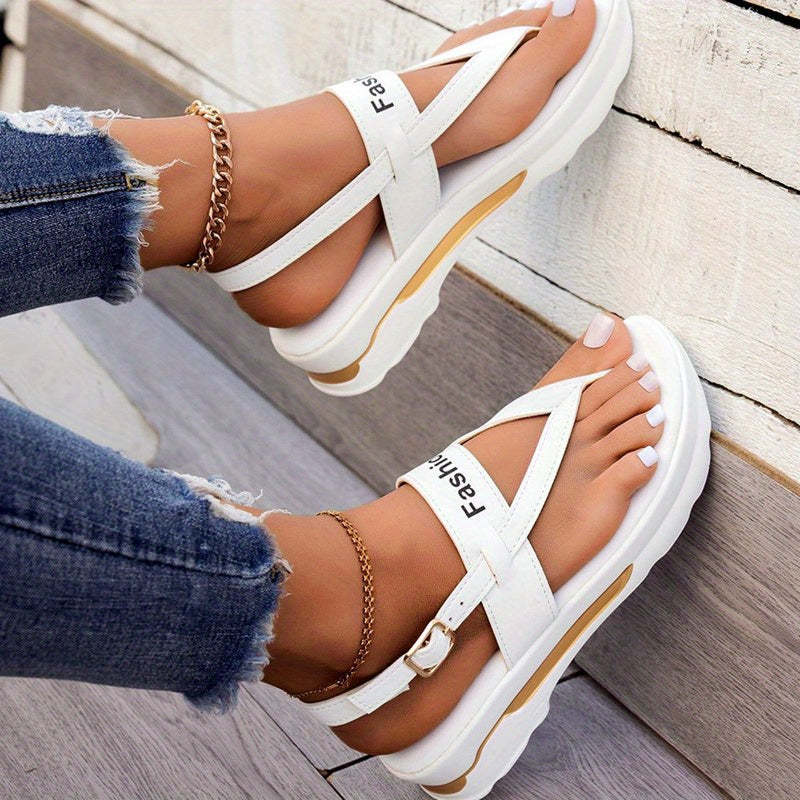 Women's Open-Toe Wedge Sandals With Buckle Straps Summer Flat Polyurethane