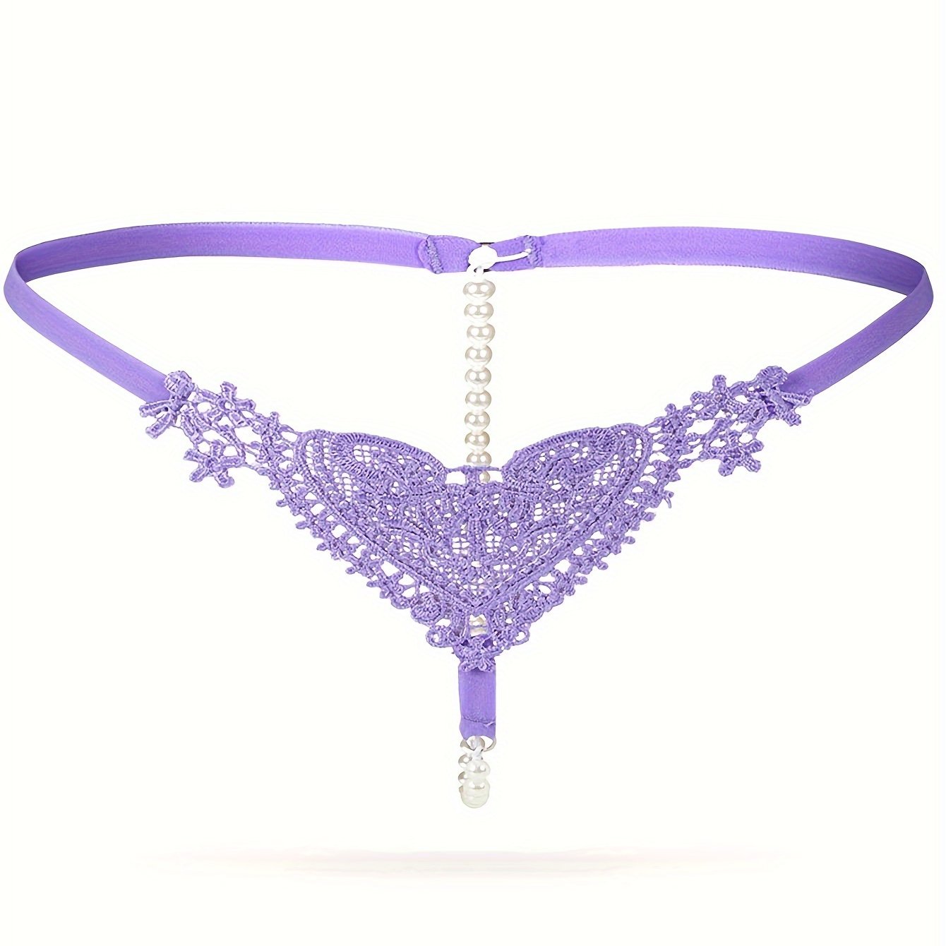 Women's Low-Rise Pearl Embellished Thong Lingerie with Hollow Out Design