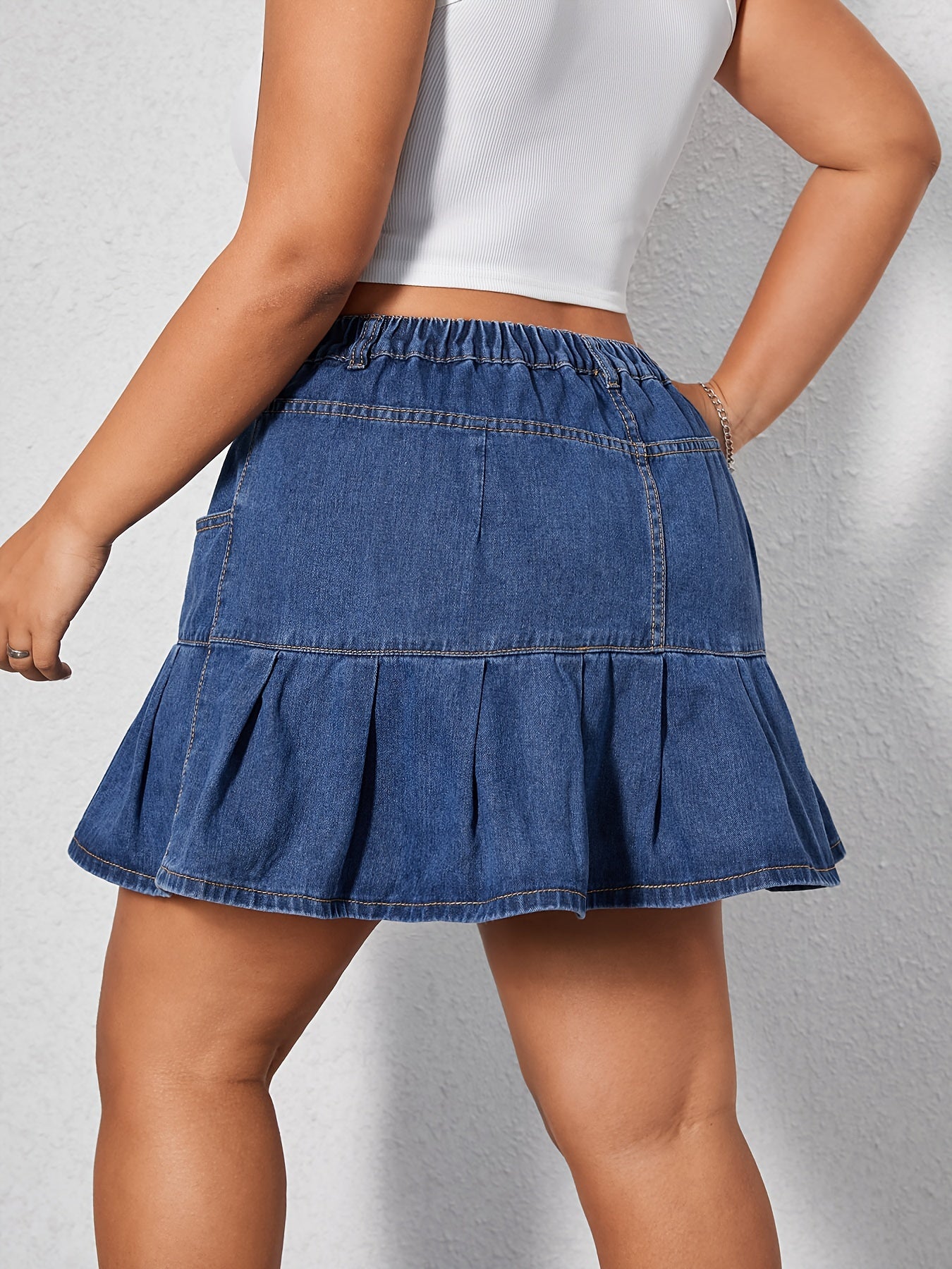 Women's Blue Denim Pleated Skort High-Rise Spring Summer Non-Stretch