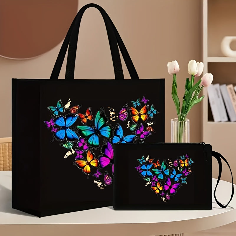 2-Piece Canvas Tote Bag and Wallet Set with Butterfly Floral Print Black