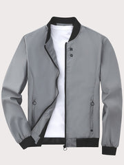 Men's Solid Color Polyester Zipper Jacket with Stand Collar Long Sleeves Casual All-Season