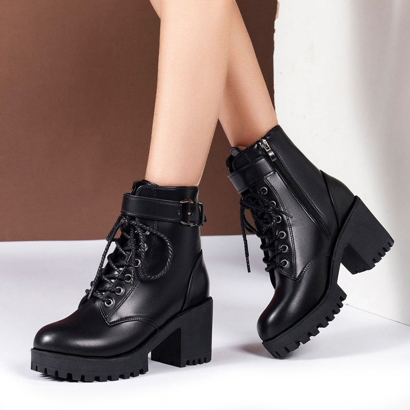 Women’s Leather Lace-Up High Heeled Short Boots Black