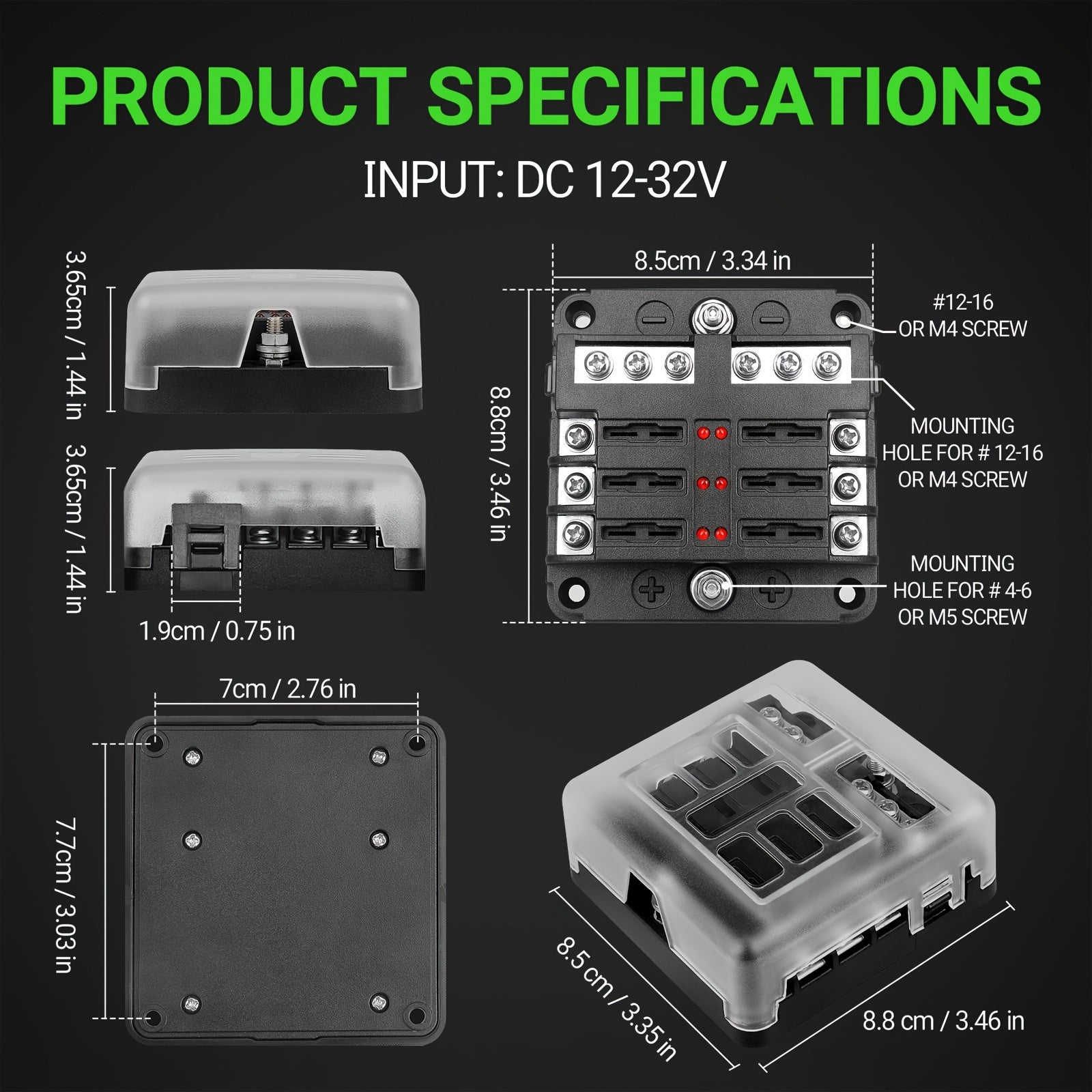 6/12 Blade Fuse Box with LED Indicator 12V Durable Flame-Retardant PBT