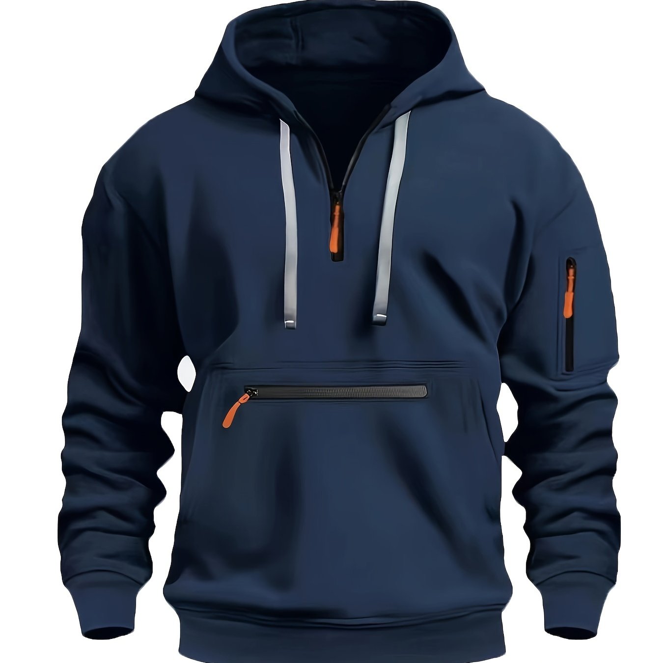 Men's Solid Color Polyester Half-Zip Hoodie with Kangaroo Pocket for Fall Winter