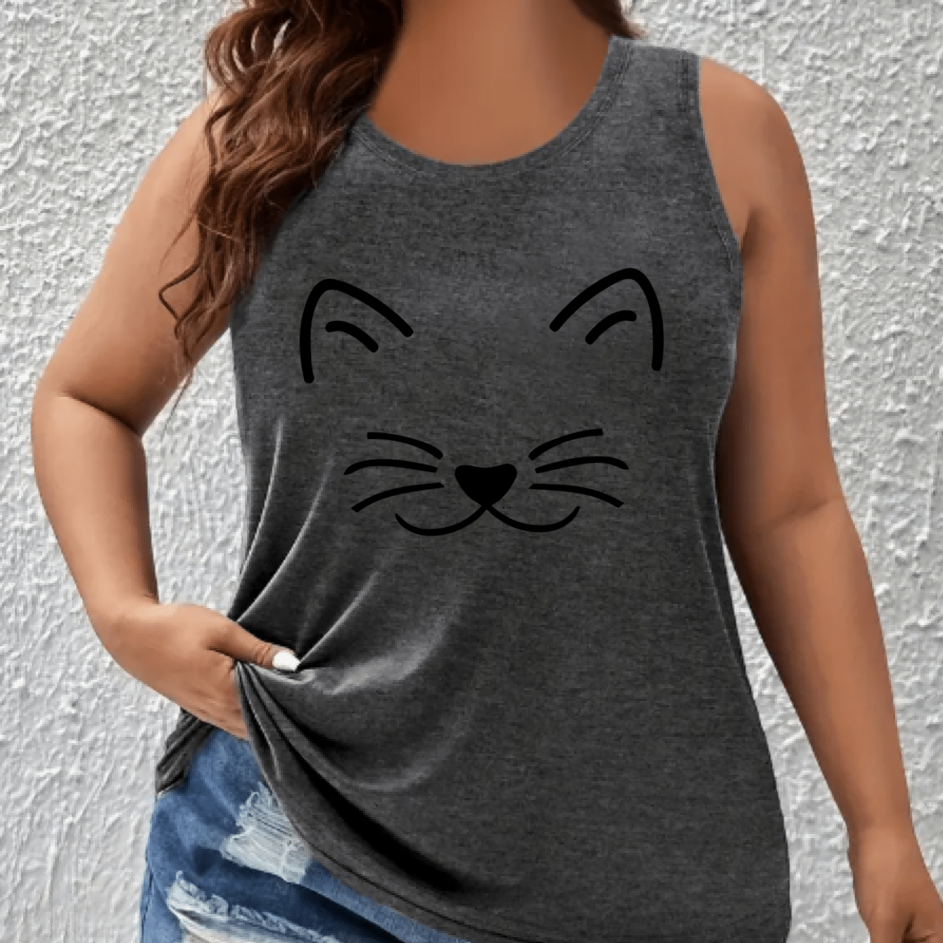 Women's Plus Size Off-Shoulder Vest Top with Cat Print Breathable Stretchy Summer Tank