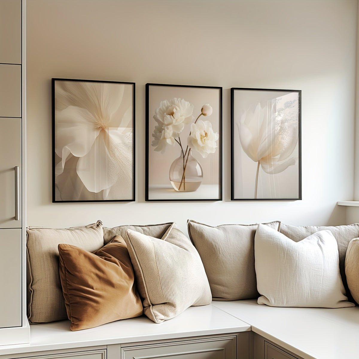 Set of 3 White Peony Flower Wall Art Prints Canvas Modern Minimalist Neutral Decor