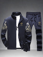 Men's Floral Print Knitted Fabric Two-Piece Sports Set with Long Sleeves and Stand Collar