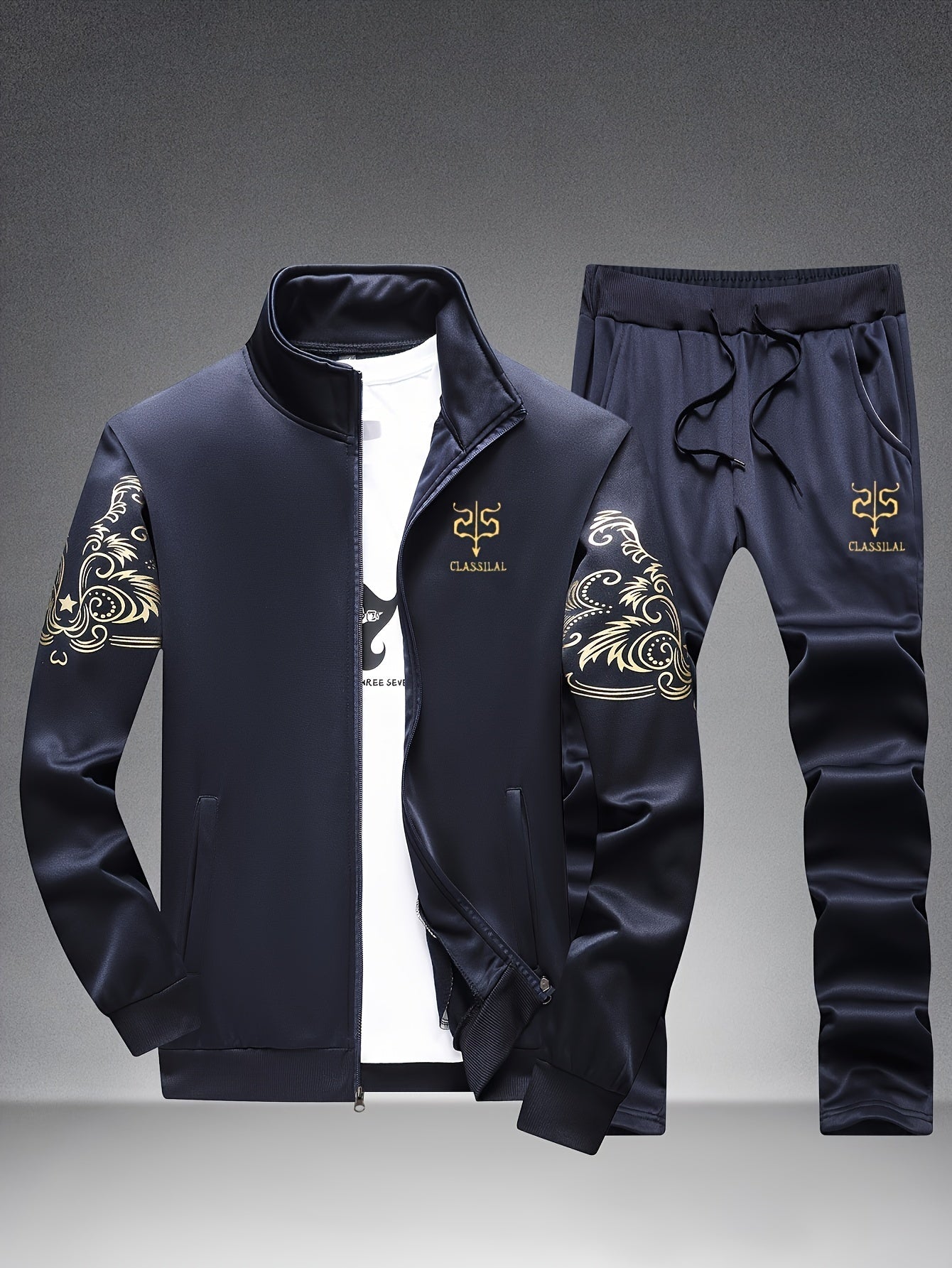 Men's Floral Print Knitted Fabric Two-Piece Sports Set with Long Sleeves and Stand Collar