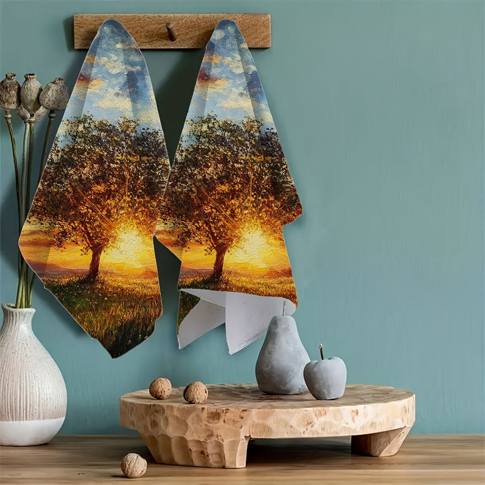 Set of 2 Ultra Soft Kitchen Towels Dusk and Sunset Designs 40x60cm Absorbent