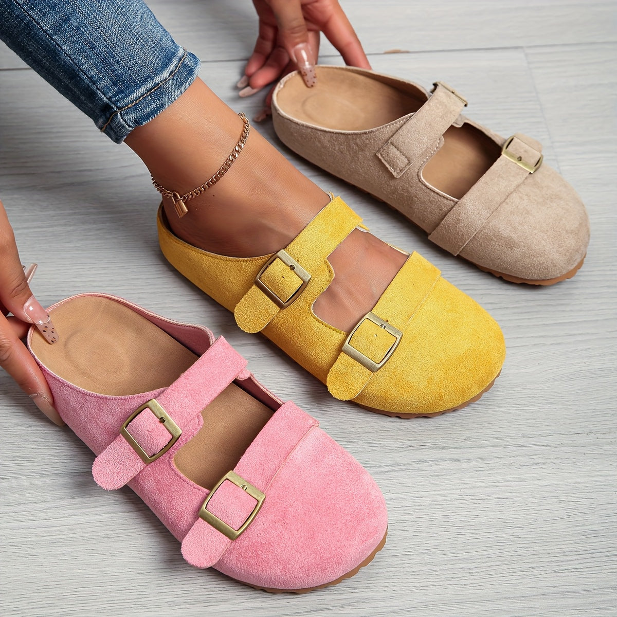 Women's Pink Slip-On Mules with EVA Sole and Gold Buckle Straps