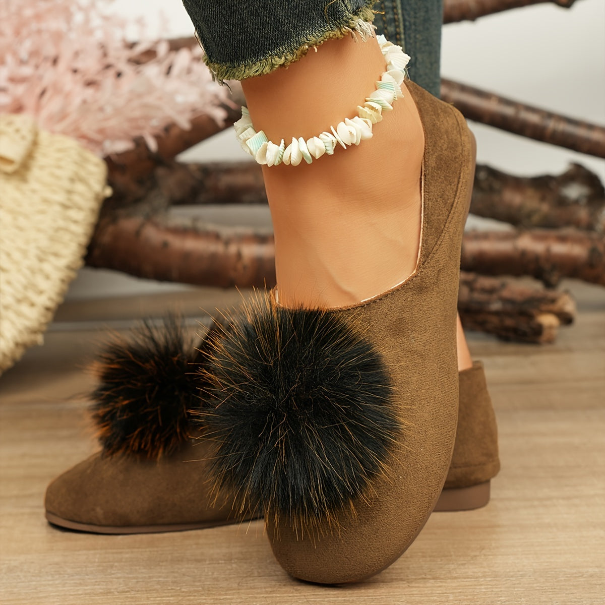 Women's Casual Flats with Pom Poms Solid Color Slip-On Shoes