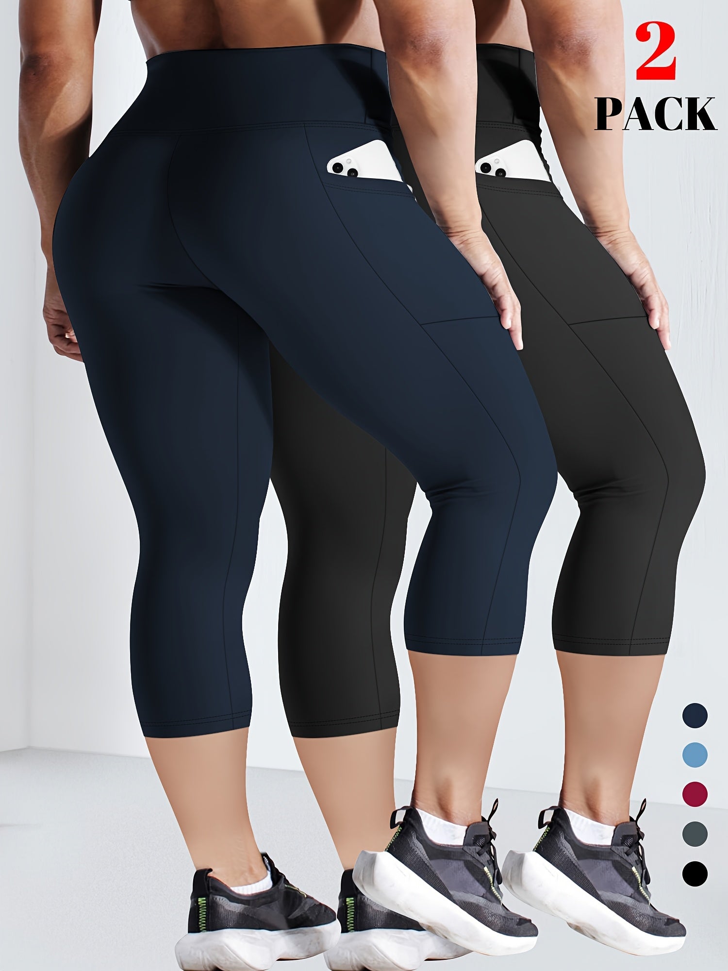 Plus Size Women's High-Waist Leggings 2-Pack with Pockets Stretchy Blue Black