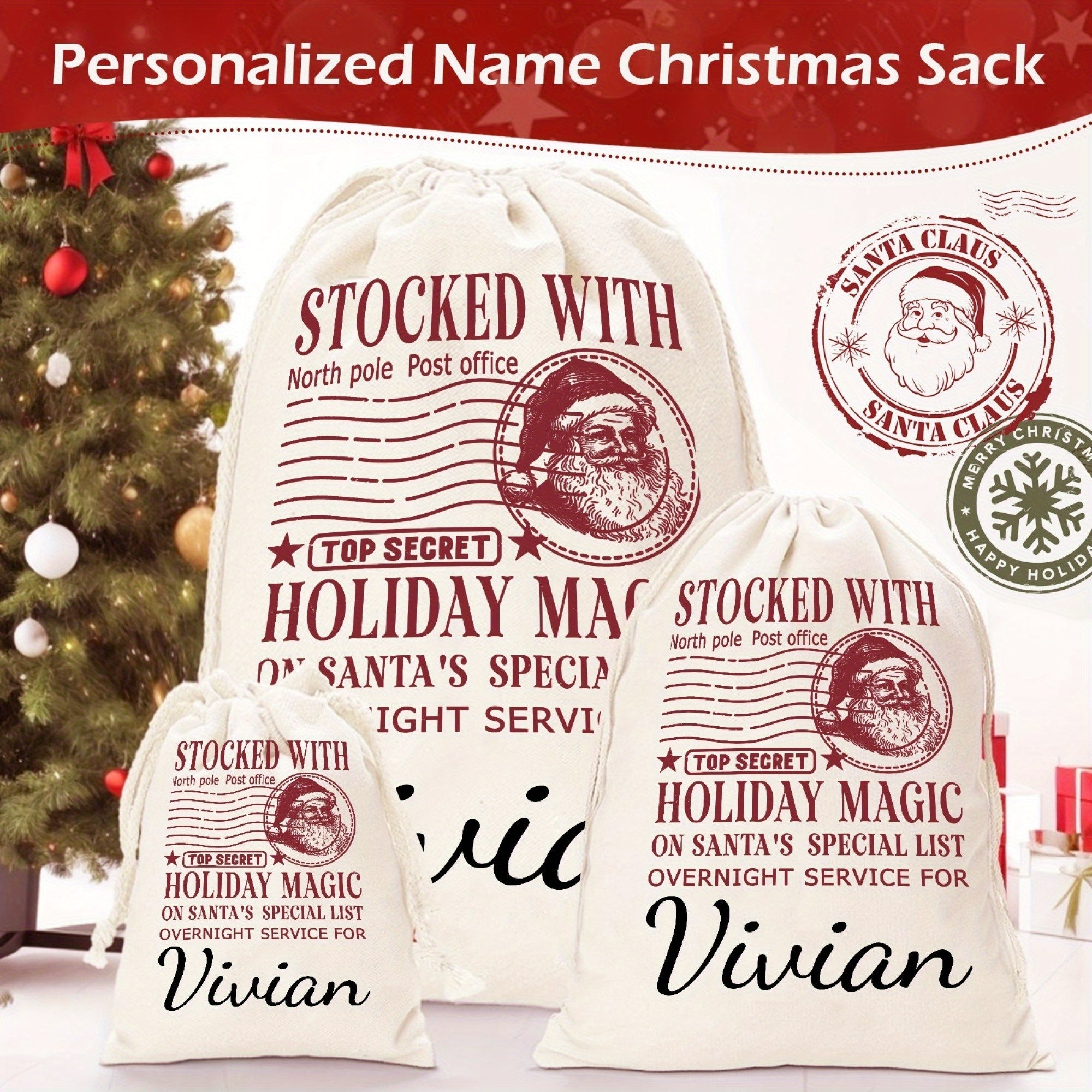 Customized Christmas Santa Sack with Name Oversized Canvas Gift Bag with Drawstring Closure
