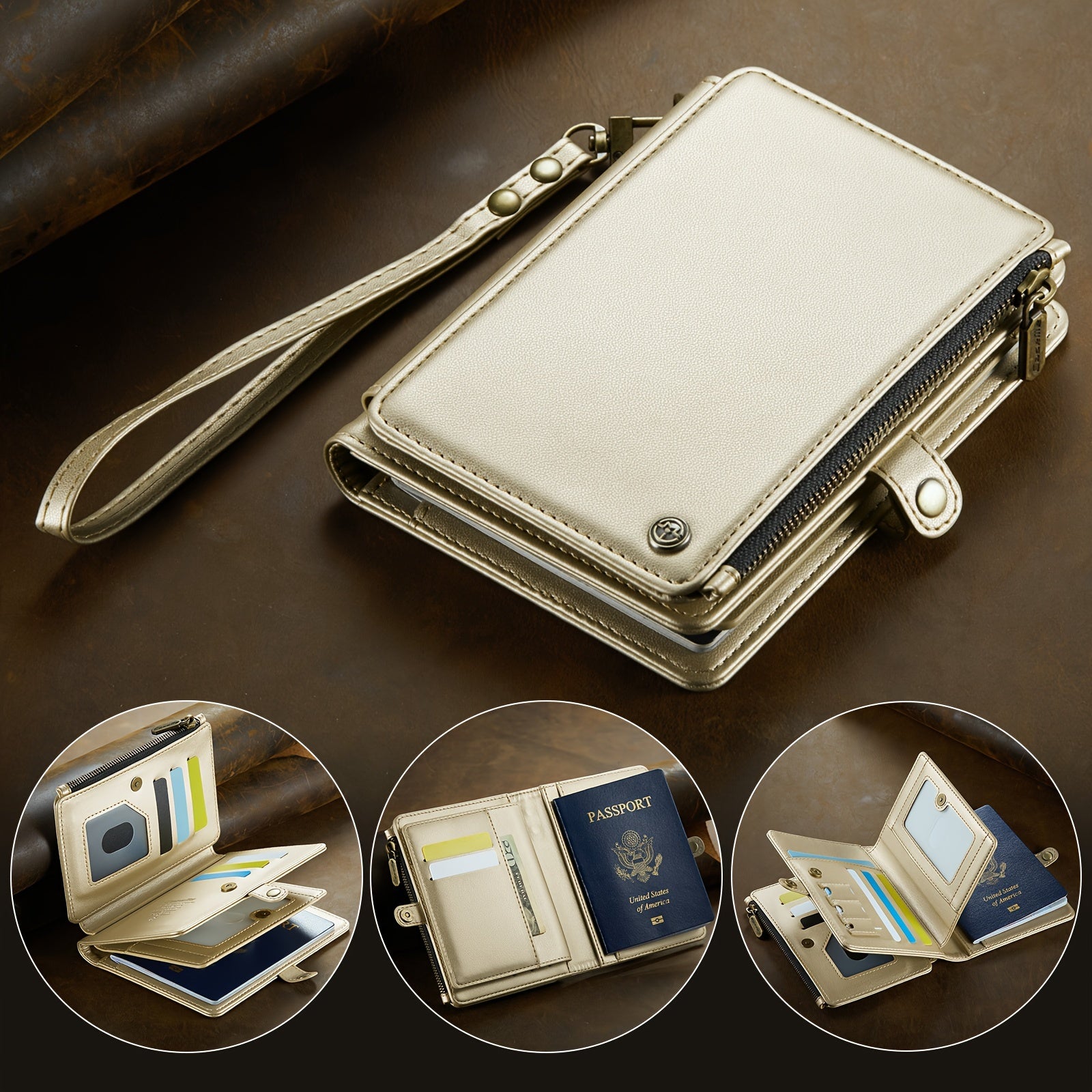 Faux Leather Passport Organizer with Zipper Coin Purse 11 Card Slots Cash Slots and Protective Cover