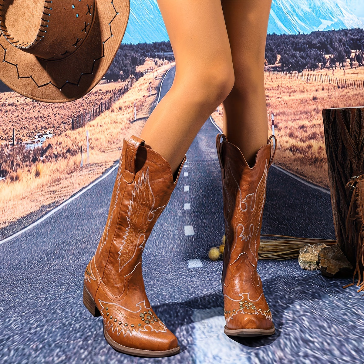 Women's Studded Western Cowboy Boots Pull-On Chunky Heel Mid Calf